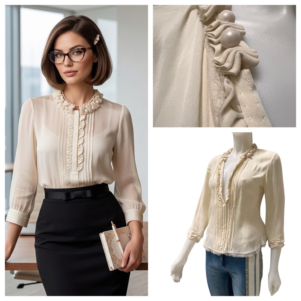 Elie Tahari Silk Ruffle Blouse Cream‎ Pearl Office Siren Coquette Raw Edge Small